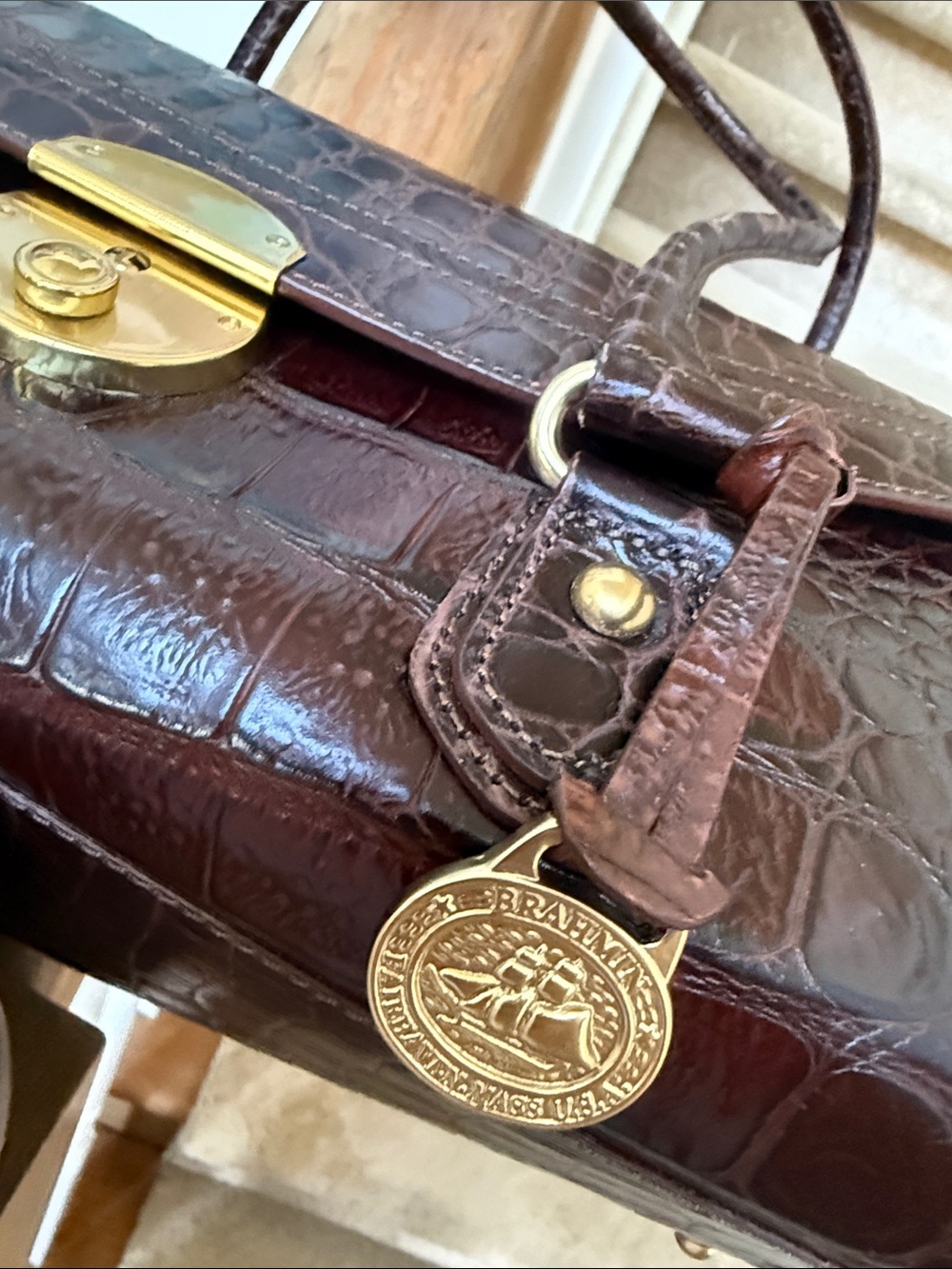 Brahmin Dark Brown Croc-Embossed Shoulder Bag with Gold Hardware - Picture 4 of 7